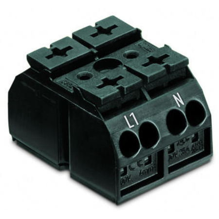 4-conductor chassis-mount terminal strip; suitable for Ex e II applications; 2-pole; L1-N; without ground contact; for 3 mm ø screw and nut; with 2x pin; 4 mm²; 4,00 mm²; black