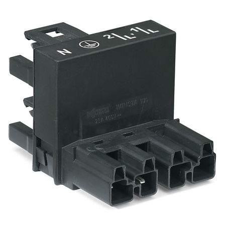 h-distribution connector; 4-pole; Cod. A; 1 input; 2 outputs; outputs on one side; 3 locking levers; for flying leads; black