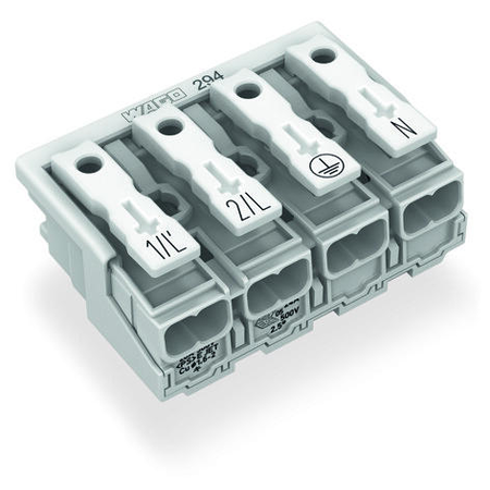 Lighting connector; push-button, external; without ground contact; 1/L´-2/L-PE-N; 4-pole; Lighting side: for solid conductors; Inst. side: for all conductor types; max. 2.5 mm²; Surrounding air temperature: max 85°C (T85); 2,50 mm²; white