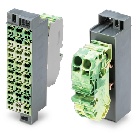 Common potential matrix patchboard; Marking 1-24; with 2 input modules incl. end plate; Color of modules: green-yellow; Numbering of modules arranged vertically; for 19 racks; Slimline version; 2,50 mm²; dark gray