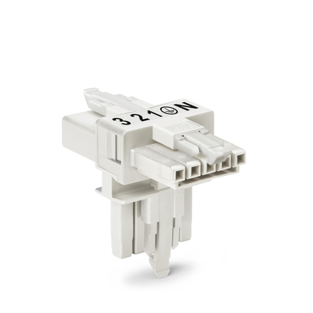 T-distribution connector; 5-pole; Cod. A; 1 input; 2 outputs; 3 locking levers; for flying leads; white