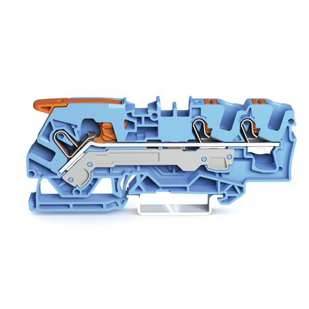 3-conductor through terminal block; with lever and push-button; 6 mm²; with test port; suitable for Ex i applications; side and center marking; for DIN-rail 35 x 15 and 35 x 7.5; Push-in CAGE CLAMP®; 6,00 mm²; blue