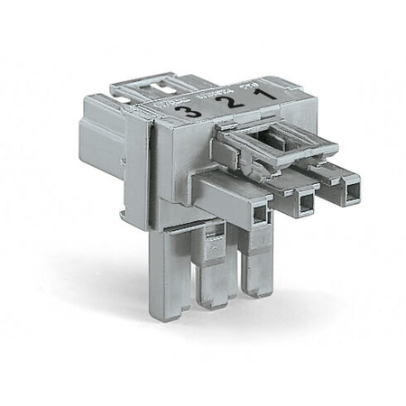 T-distribution connector; 3-pole; Cod. B; 1 input; 2 outputs; 3 locking levers; for flying leads; gray