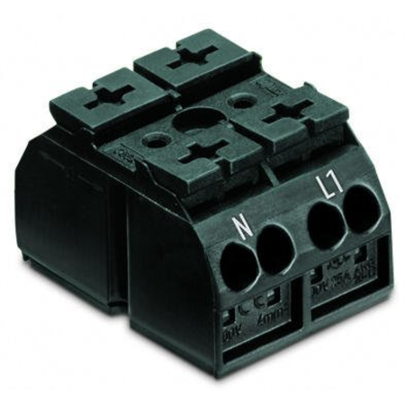 4-conductor chassis-mount terminal strip; 2-pole; N-L1; without ground contact; 1 snap-in foot per pole; 4 mm²; 4,00 mm²; black