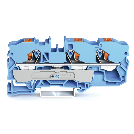 3-conductor through terminal block; with push-button; 10 mm²; with test port; suitable for Ex i applications; side and center marking; for DIN-rail 35 x 15 and 35 x 7.5; Push-in CAGE CLAMP®; 10,00 mm²; blue
