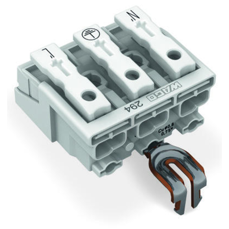 Lighting connector; push-button, external; with snap-in ground contact; 3-pole; Lighting side: for solid conductors; Inst. side: for all conductor types; max. 2.5 mm²; Surrounding air temperature: max 85°C (T85); 2,50 mm²; white