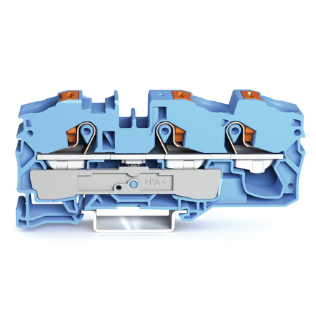 3-conductor through terminal block; with push-button; 16 mm²; with test port; suitable for Ex i applications; side and center marking; for DIN-rail 35 x 15 and 35 x 7.5; Push-in CAGE CLAMP®; 16,00 mm²; blue