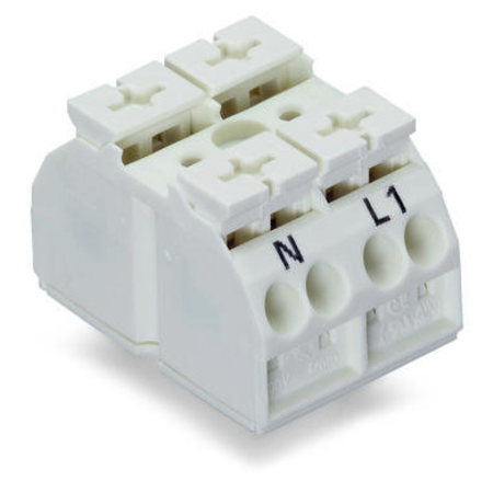 4-conductor chassis-mount terminal strip; 2-pole; N-L1; without ground contact; 1 snap-in foot per pole; 4 mm²; 4,00 mm²; white