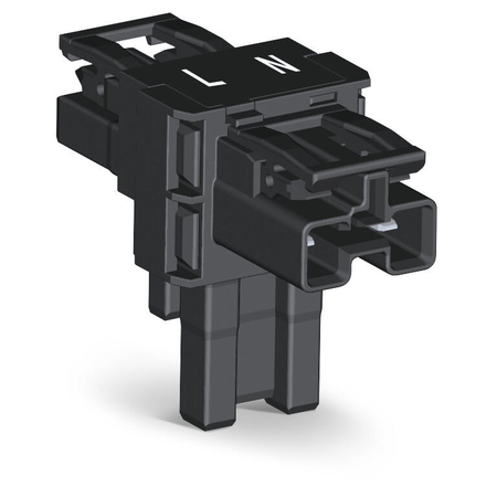 T-distribution connector; 2-pole; Cod. A; 1 input; 2 outputs; 3 locking levers; for flying leads; black