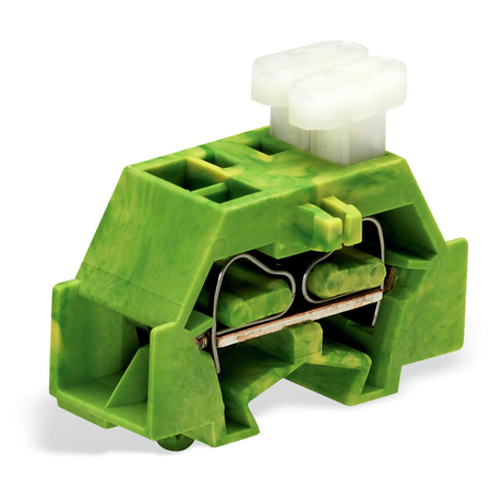 4-conductor terminal block; on one side with push-buttons; with snap-in mounting foot; for plate thickness 0.6 - 1.2 mm; Fixing hole 3.5 mm Ø; 2.5 mm²; CAGE CLAMP®; 2,50 mm²; green-yellow