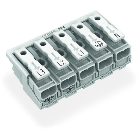 Lighting connector; push-button, external; without ground contact; L3-L2-L1-PE-N; 5-pole; Lighting side: for solid conductors; Inst. side: for all conductor types; max. 2.5 mm²; Surrounding air temperature: max 85°C (T85); 2,50 mm²; white