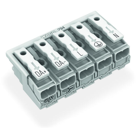 Lighting connector; push-button, external; without ground contact; DA+ DA- L PE N; 5-pole; Lighting side: for solid conductors; Inst. side: for all conductor types; max. 2.5 mm²; Surrounding air temperature: max 85°C (T85); 2,50 mm²; white