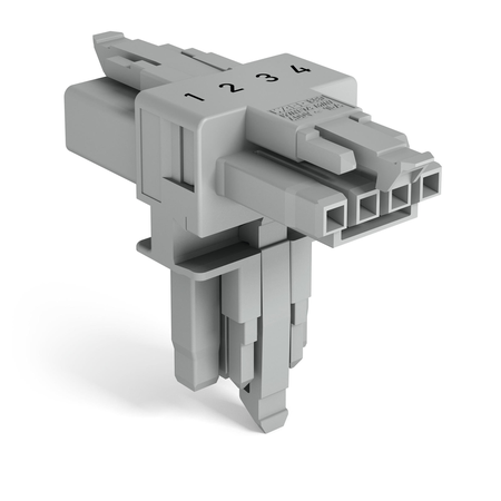 T-distribution connector; 4-pole; Cod. B; 1 input; 2 outputs; 3 locking levers; for flying leads; gray