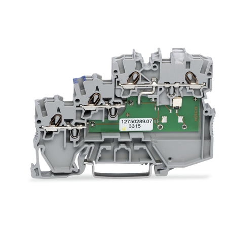 3-conductor actuator supply terminal block; LED (yellow); for PNP-(high-side) switching actuators; with ground connection via push-in type jumper bars; 1 mm²; Push-in CAGE CLAMP®; 1,00 mm²; gray