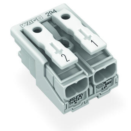 Lighting connector; push-button, external; without ground contact; 2-pole; Lighting side: for solid conductors; Inst. side: for all conductor types; max. 2.5 mm²; Surrounding air temperature: max 85°C (T85); 2,50 mm²; white