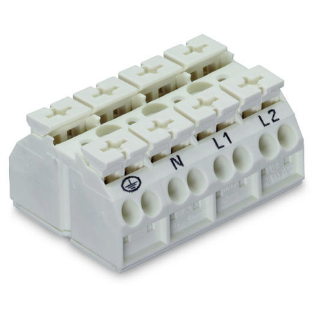 4-conductor chassis-mount terminal strip; 4-pole; PE-N-L1-L2; with ground contact; for 3 mm ø screw and nut; 4 mm²; 4,00 mm²; white