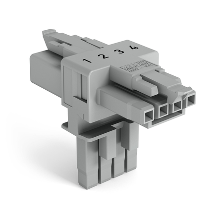 T-distribution connector; 4-pole; Cod. B; 1 input; 2 outputs; 2 locking levers; gray