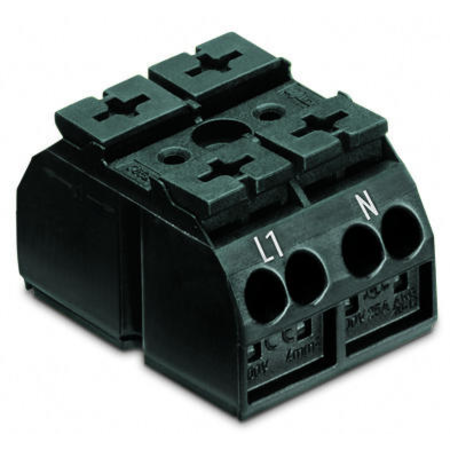 4-conductor chassis-mount terminal strip; suitable for Ex e II applications; 2-pole; L1-N; without ground contact; for self-tapping screw 2.9 mm Ø from bellow; with 2x pin; 4 mm²; 4,00 mm²; black
