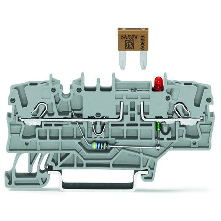 2-conductor fuse terminal block; for mini-automotive blade-style fuses; with test option; with blown fuse indication by LED; 48 V; for DIN-rail 35 x 15 and 35 x 7.5; 2.5 mm²; Push-in CAGE CLAMP®; 2,50 mm²; gray