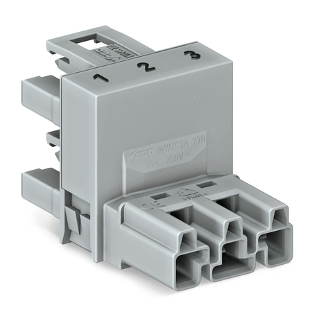 h-distribution connector; 3-pole; Cod. B; 1 input; 2 outputs; outputs on one side; 2 locking levers; gray