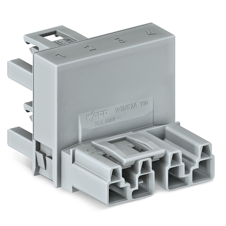 h-distribution connector; 4-pole; Cod. B; 1 input; 2 outputs; outputs on one side; 3 locking levers; for flying leads; light green