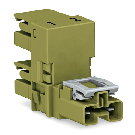 h-distribution connector; 2-pole; Cod. B; 1 input; 2 outputs; outputs on one side; 3 locking levers; for flying leads; light green