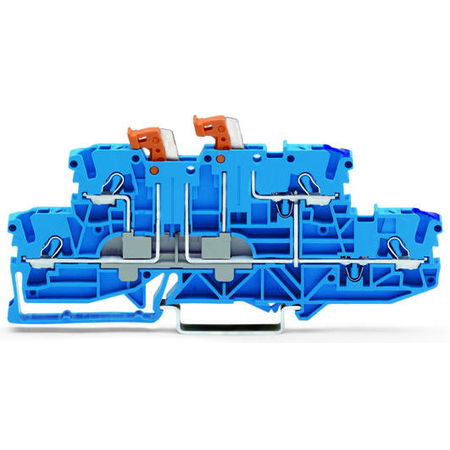 Double-deck, double-disconnect terminal block; with 2 pivoting knife disconnects; lower and upper decks internally commoned on right side; conductor entry with violet marking; for DIN-rail 35 x 15 and 35 x 7.5; 2.5 mm²; Push-in CAGE CLAMP®; 2,50 mm²; blu