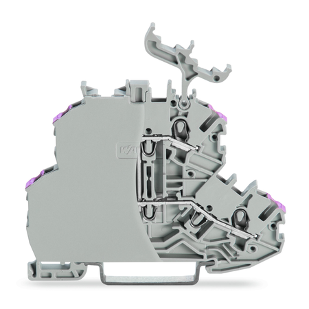 Double-deck terminal block; 4-conductor through terminal block; with end plate; L; with marker carrier; internal commoning; conductor entry with violet marking; for DIN-rail 35 x 15 and 35 x 7.5; 1 mm²; Push-in CAGE CLAMP®; 1,00 mm²; gray