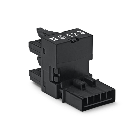 h-distribution connector; 5-pole; Cod. A; 1 input; 2 outputs; outputs on one side; 2 locking levers; black