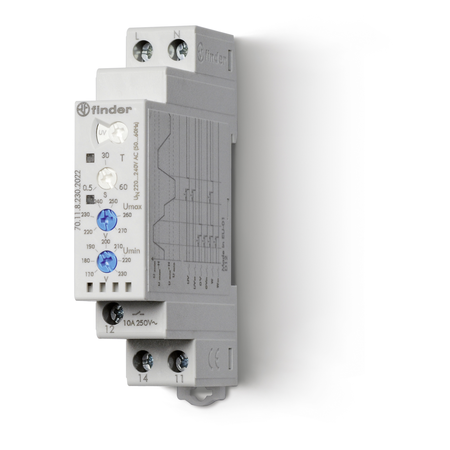 Releu de supraveghere/monitorizare și control - 1 contact, 10 A, Cu funcție de memorare a defectului, 220...240 V, C (contact comutator), C.A. (50/60Hz), Supravegherea retelei monofazate de C.A., 2 valori reglabile, Intarziere la deconectare reglabil