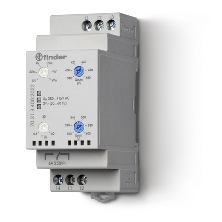 Releu de supraveghere/monitorizare și control - 1 contact, 6 A, Cu funcție de memorare a defectului, 380...415 V, C (contact comutator), C.A. (50/60Hz), Supravegherea retelei trifazate de C.A., 2 valori reglabile, Intarziere la deconectare reglabila