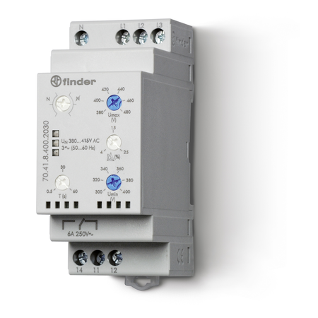 Releu de supraveghere/monitorizare și control - 1 contact, 6 a, fara memorarea defectului, 380...415 v, c (contact comutator), c.a. (50/60hz), supraveghere a rețelei trifazate de c.a. cu neutrul disponibil, 2 valori reglabile, intarziere la deconecta