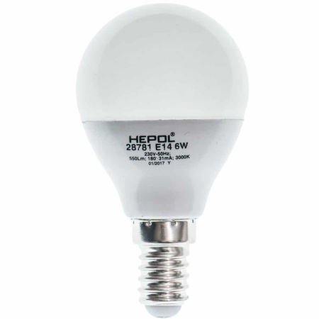 Bec LED HEPOL DIMABIL, forma sferic, E14, 6W, 25000 ore, lumina calda