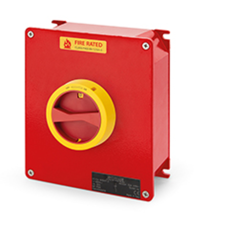 Intrerupator separatorn100A 2P IP65 253x217x93mm IK10 EMERGENCY YELLOW/RED FIRE RATED