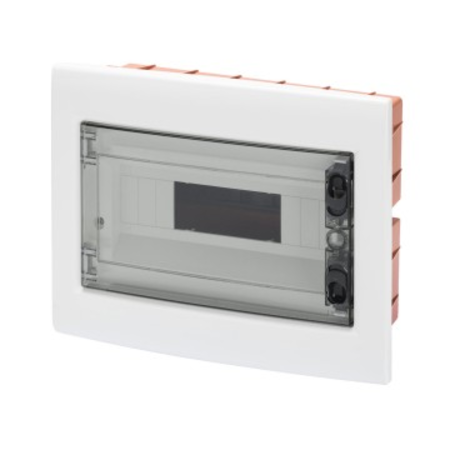 Flush-mounting enclosure with smoked transparent door with extractable frame - with terminal block n (3x16)+(11x10) e (3x16)+(11x10) - 8 module ip40