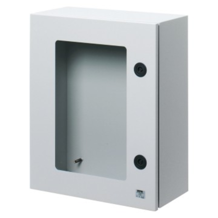 BOARD IN METAL WITH BLANK DOOR FITTED WITH TEMPERED GLASS WINDOW AND LOCK 310X425X160 - IP55 - GREY RAL 7035