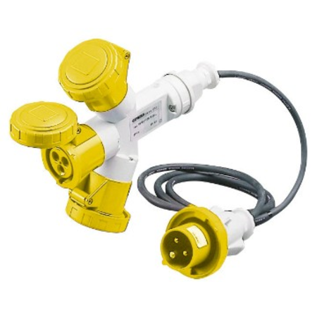 Adaptor industrial 3 outputs ip67 - 2m flexible cable - plug 16a - 2 socket-outlets 2p+e 110v 50/60hz - yellow - 4h