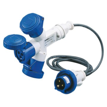 Adaptor industrial 3 OUTPUTS IP67 - 2M FLEXIBLE CABLE - PLUG 16A - 2 SOCKET-OUTLETS 2P+E 230V 50/60HZ - BLUE - 6H