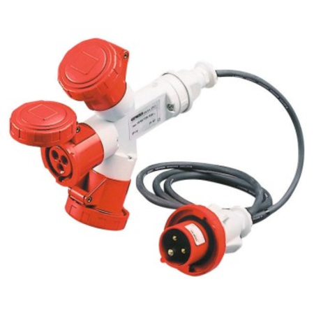 Adaptor industrial 3 OUTPUTS IP67 - 2M FLEXIBLE CABLE - PLUG 16A - 2 SOCKET-OUTLETS 3P+E 400V 50/60HZ - RED - 6H