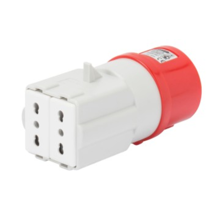 Adaptor industrial ip44 - socket-outlet 3p+n+e 16a 400v ac 50/60hz - 2 socket-outlets 2p+e 16a dual amp (p17/11)