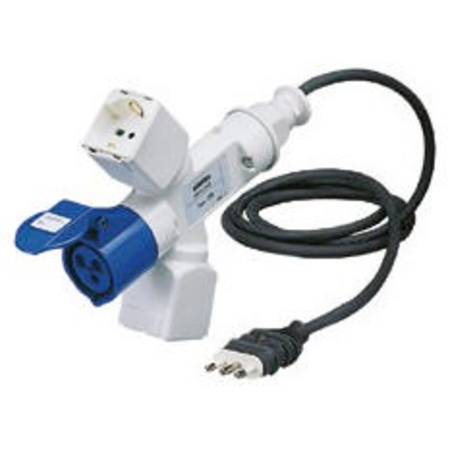 Adaptor industrial IP44 - 2 BRANCHED OUTLETS - WIRED WITH CABLE AND PLUG - PLUG 2P+E 16A S17 - 2 (P17/11) + 1 (P30-P17) + 1 OUTLET 2P+E 16A 230V ac