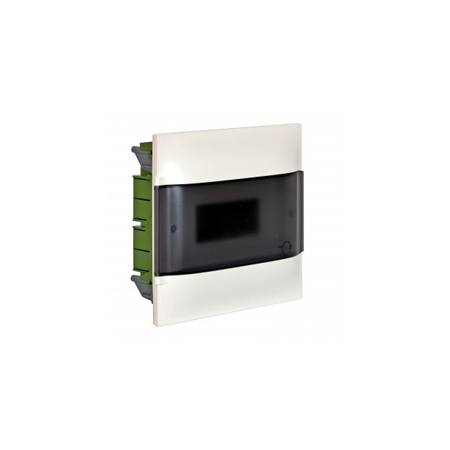 Practibox S Montaj incastrat cabinet pentru zidarie - earth + neutral terminal blocks - Usa fumurie - 1 rand - 8 module/rand