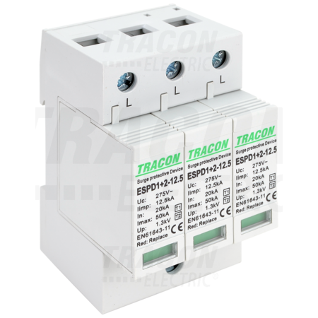 Descărcător de supratensiunet1+t2,ac,elem. mod. înlocuibil\nuc:275v; iimp:12,5ka; in:20ka; imax:50ka; up:1,3kv; 3p