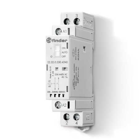 Contactor modular - 2 contacte, 25 A, Contactor modular, 25 A, Indicator mecanic + LED, 230...240 V, C.A. (50/60Hz)/C.C., AgSnO2, Toate contactele ND (normal deschise), Standard