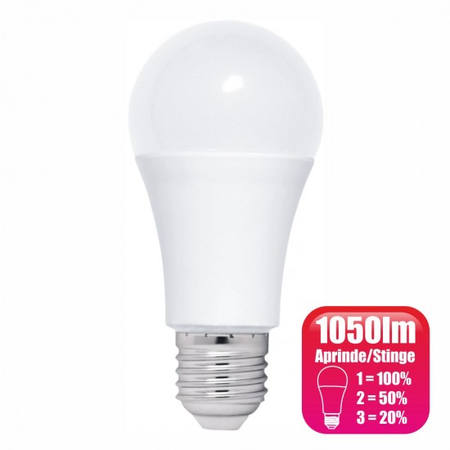 Bec LED dimabil de la intrerupator, model glob A60, 12W=100W, 6400k, lumina rece