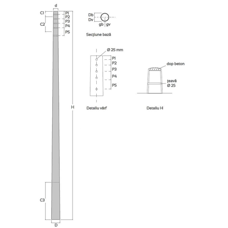 Stalp din beton armat centrifugat 10m 15x25, pentru liniile electrice aeriene de tip Electrica