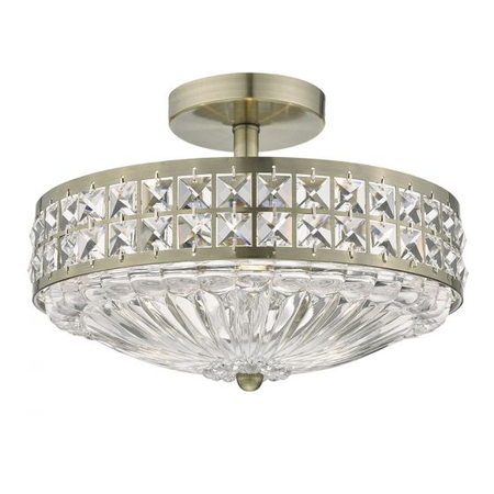 Plafoniera Olona 3L Light Semi Flush Antique Brass Crystal Beads and Glass Diffuser