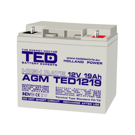 Acumulator 12V 19Ah High Rate F3, AGM VRLA, TED Electric TED002815