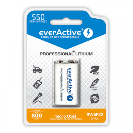 EverActive Acumulator 550mAh 9V Ni-MH cu Incarcare USB 6LR61 6LF22 Professional Line