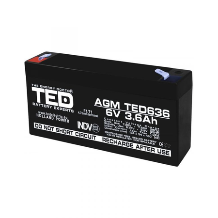 Acumulator 6V 3.6Ah F1, AGM VRLA, TED Electric TED002891